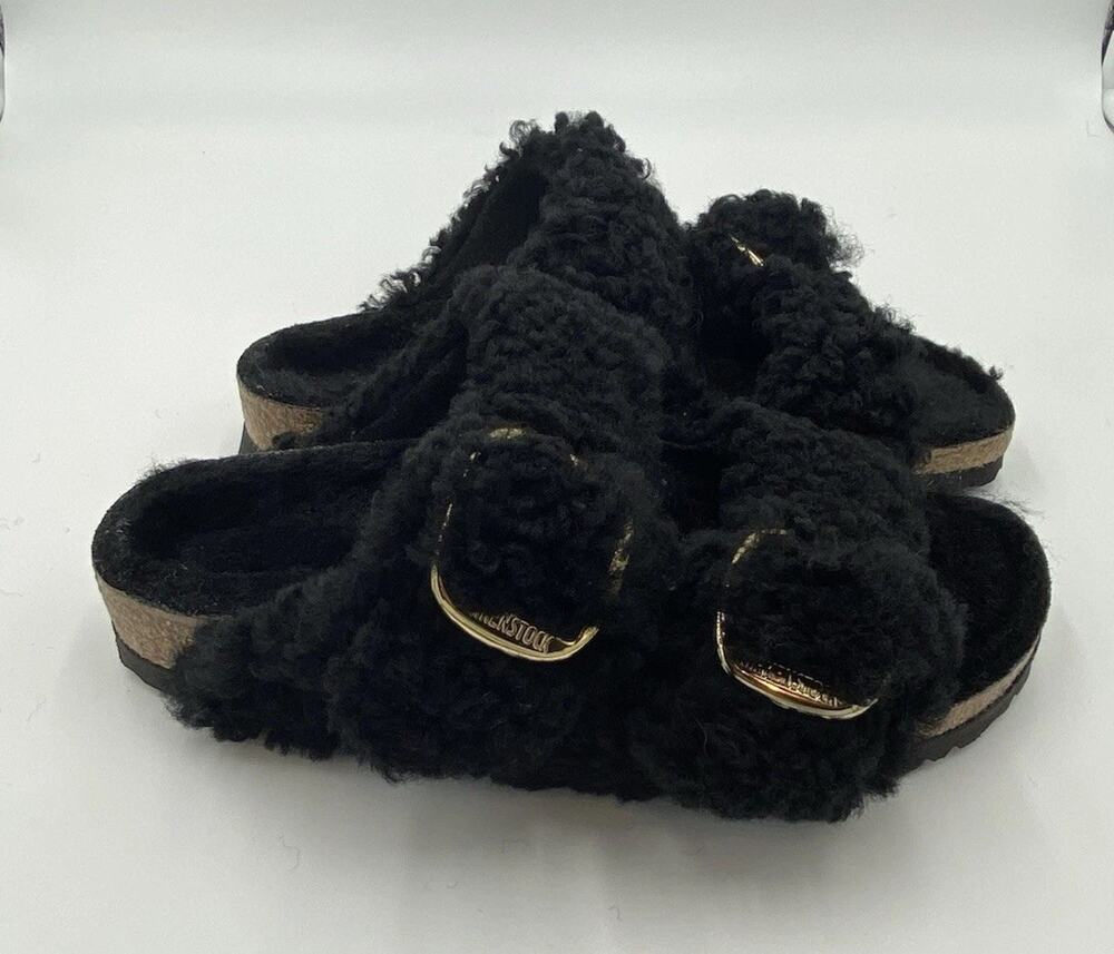 Birkenstock Arizona Big Buckle Teddy Shearling Fur Size 6 US 37 EU Black Sandals